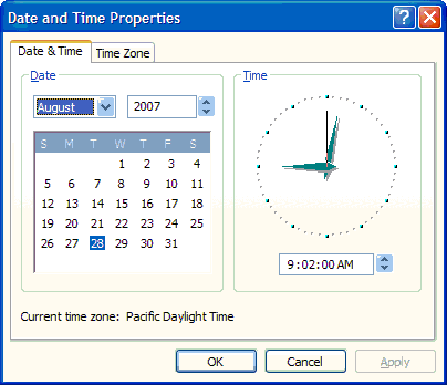 The Date-Time Control Panel application property sheet.